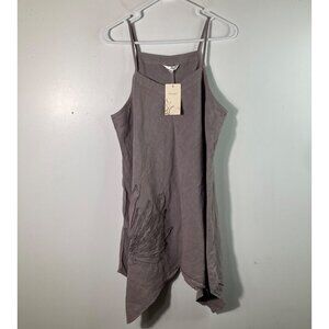 Womens Kleen Flaxseed Linen‎ Asymmetrical Top Applique Flower L Brown NWT